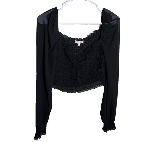 A'Gaci Blouse Women's Medium Sheer Black Cropped Smocked Long Sleeve Top - Picture 1 of 8